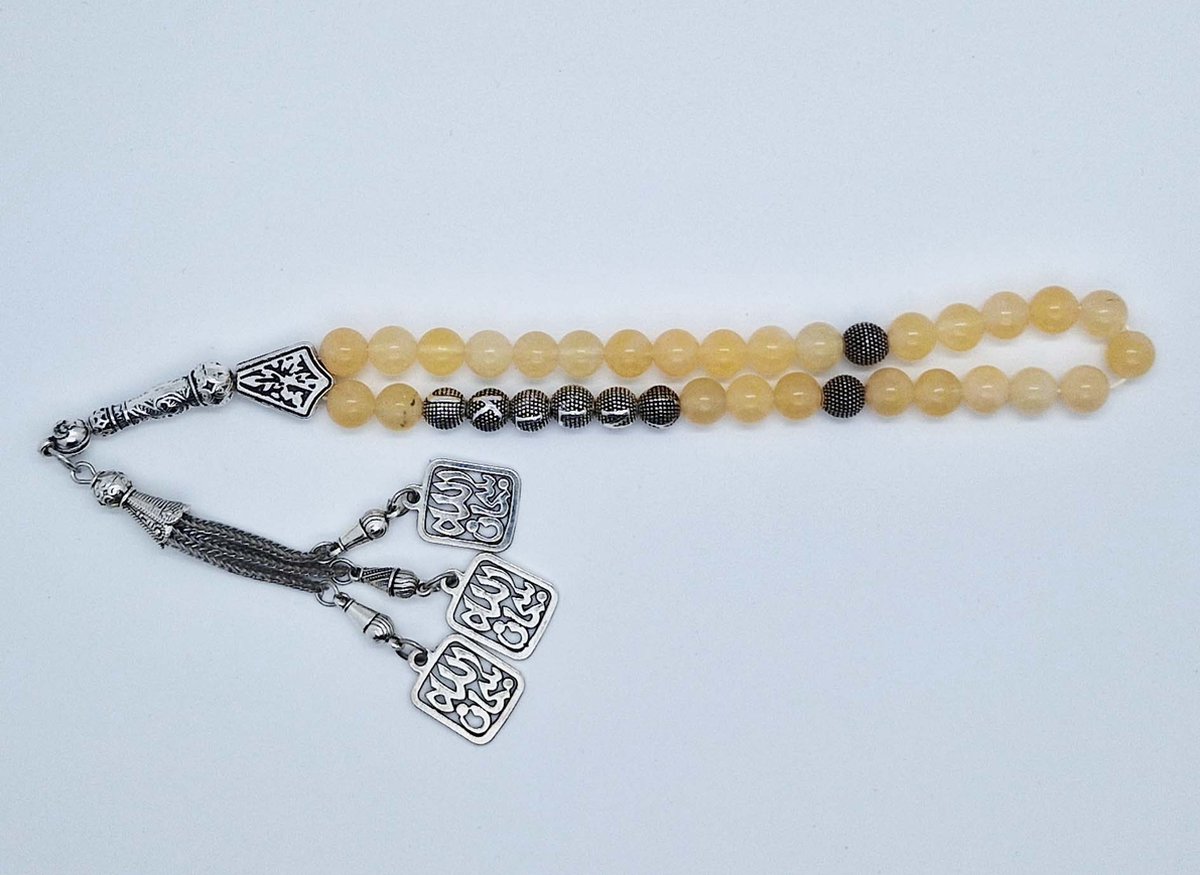 Handgemaakte naam tasbih 33 Kralen Natuursteen “Calciet geel” - met metaal tassel “subhan allah"- Met je naam of de naam van uw geliefde- 8 mm diameter van de korrel