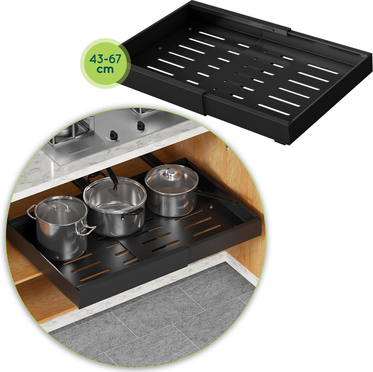 Schuiflade keukenkast - Keukenkast Organizer Ladesysteem - Zwart - Verstelbaar 43 - 67 cm - Gootsteenkast Organizer