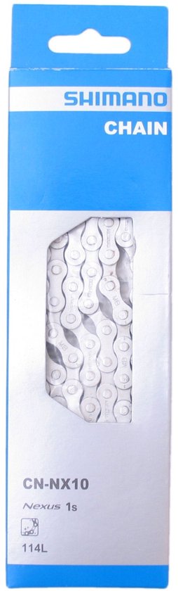Shimano kettingverpakking met een raam dat een zilverkleurige 114-schakel ketting toont. "SHIMANO CHAIN CN-NX10 Nexus 1s 114L"