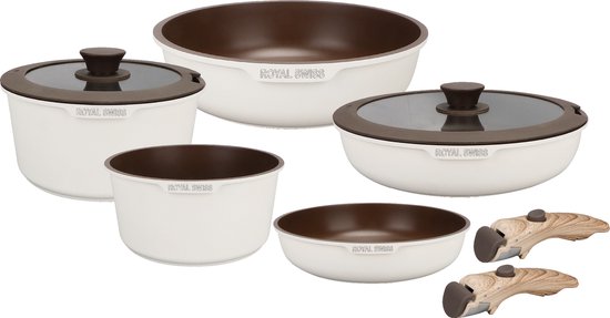 Royal Swiss® Set potten en pannen, 2 afneembare handgrepen, 9 Royal Swiss® Set potten en pannen, 2 afneembare handgrepen, 9