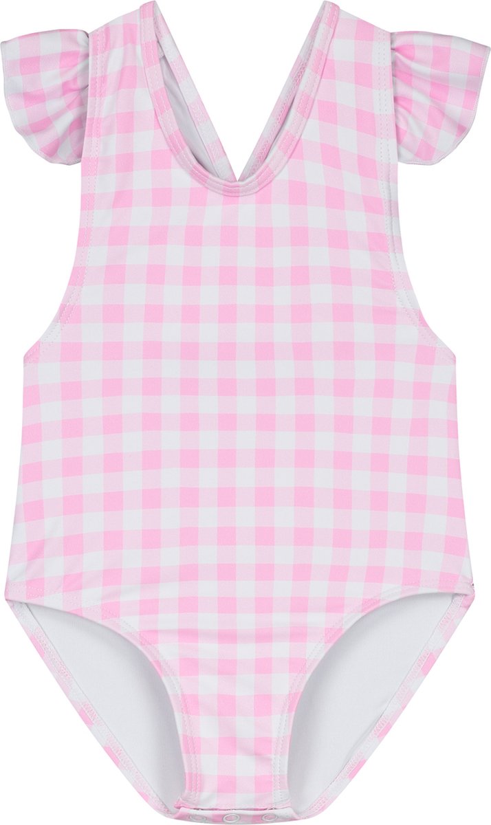 Supercute baby badpak geruit roze wit met gekruiste bandjes en drukknopen maat 92
