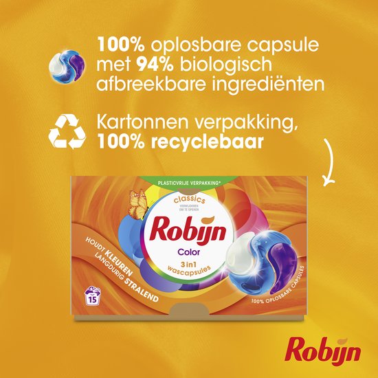 Robijn - Wasmiddel - 3-in-1 Wascapsules - Color - 4 x 15 stuks - 60 Wasbeurten - Voordeelverpakking
