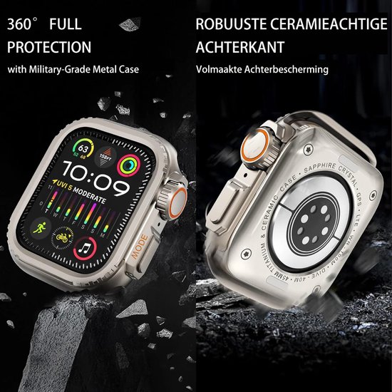 Twee weergaven van een robuuste smartwatch case met metalen frame en oranje accenten, met de tekst "360° FULL PROTECTION".