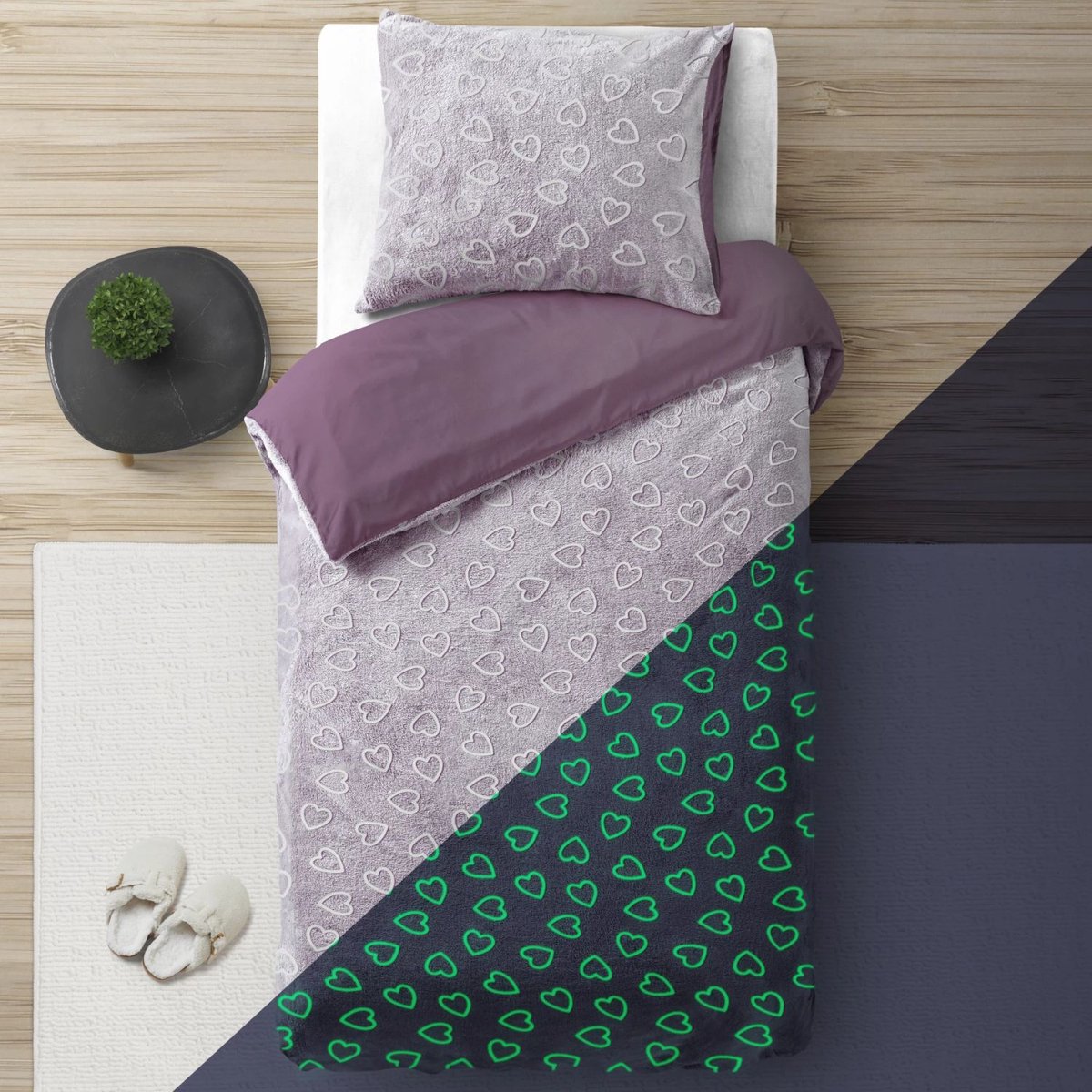 Sleeptime dekbedovertrek Glow in the dark Hearts Pink 140 x 200/220 cm Roze - Grijs