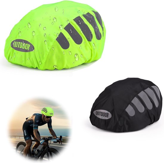 Housse de casque vert citron et noir avec logo 'OUTDOOR', bandes réfléchissantes, et cyclistes.