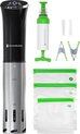 Zwarte en roestvrijstalen sous vide stick met accessoires: vacuümpomp, clips en zakken.