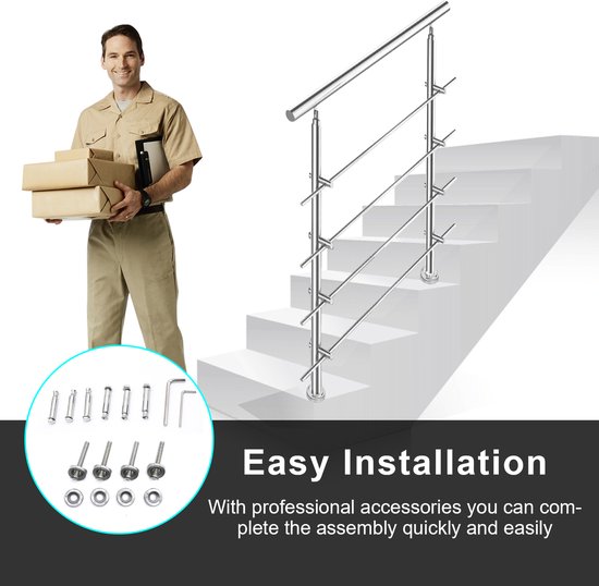 CAVATINY Roestvrij stalen leuning, reling voor trap, balustrade, balkon, met 5 dwarsbalken, binnen en buiten, leuning, trapleuning, roestvrijstalen balustrade, balkon (80 cm, 5 dwarsbalken