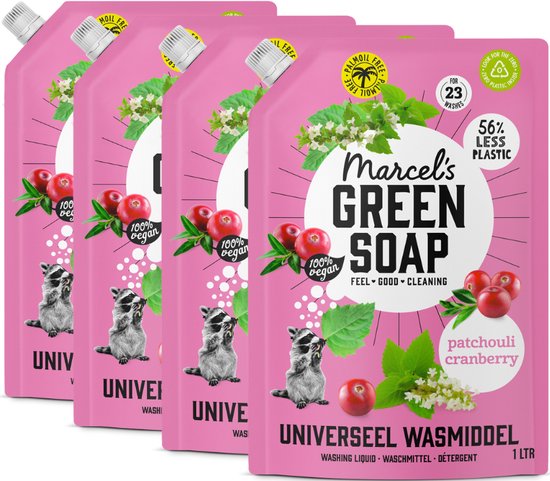Marcel's Green Soap Universeel Wasmiddel Navulling - Patchouli & Cranberry - 4 x 1L - 92 wasbeurten