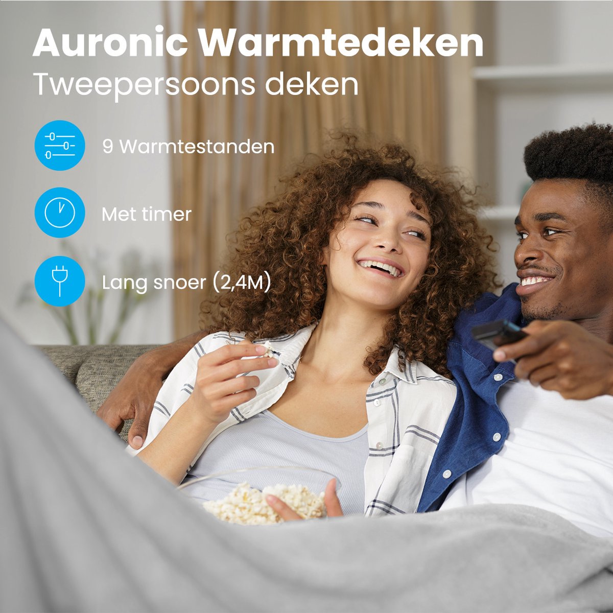 Afbeelding 2 van Auronic Elektrische Deken - Warmtedeken - 9 Warmtestanden - 2 Persoons - 200x150 - Verwarmingsdeken - Licht Grijs