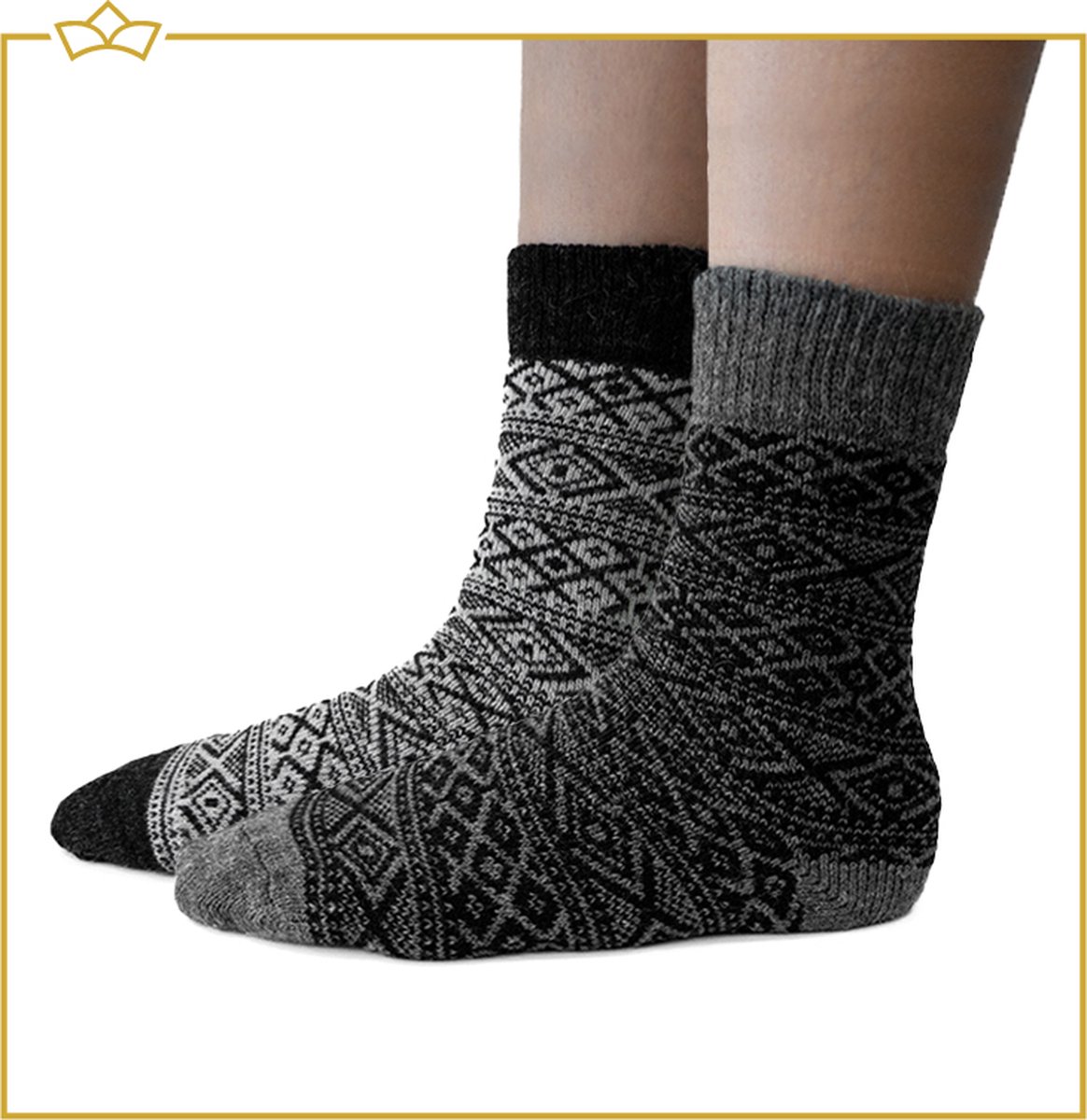 ATTREZZO® Sokken - 2 paar - Noorse Sokken met motief - Wol - Huissokken - Grijs - maat 39-42