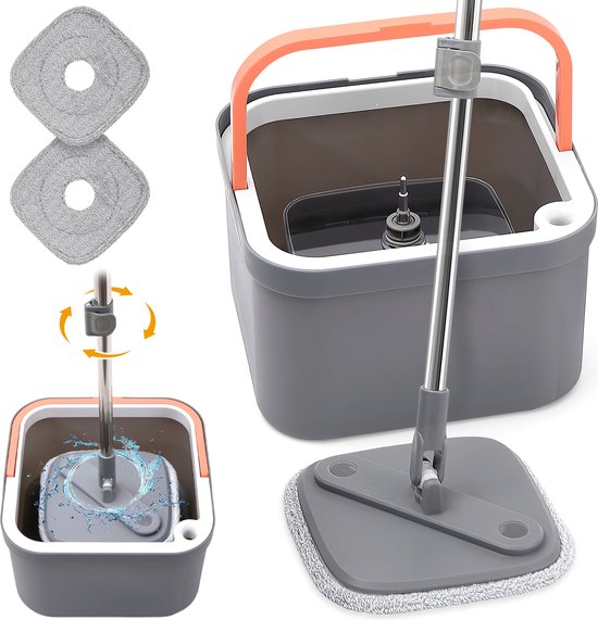 AIVA Home 2-in-1 Schoonwater Dweilsysteem met Wringer - Spin Mop Set - Dweil Systeem Schoon Water - Spinmop met Zelfreinigende Emmer - Geschikt voor alle soorten vloeren: Hout / Tegel / Marmer - Vloerreiniger - Vloerwisser - Vloermop - Dweilset