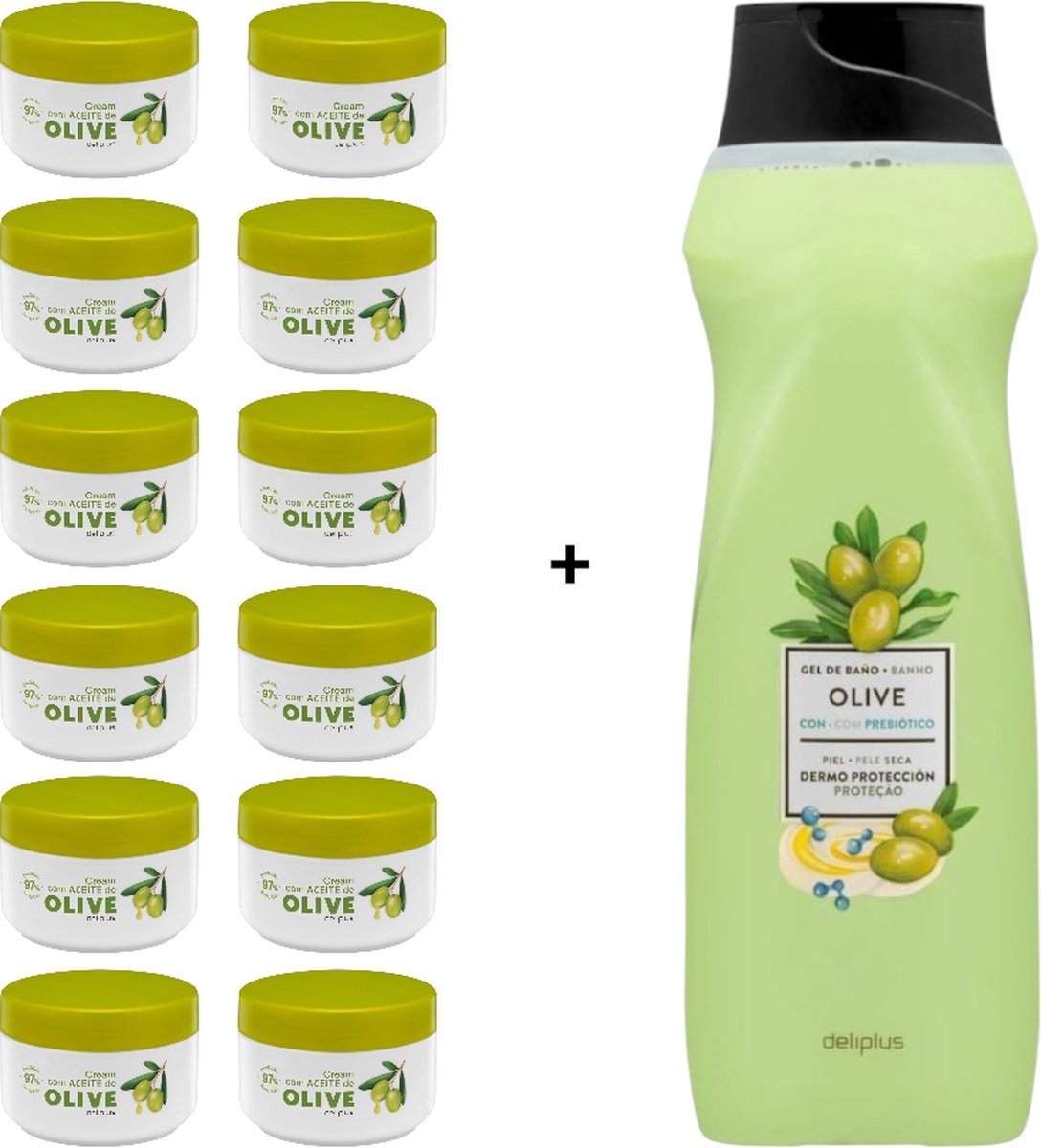 Goedkoopste Deliplus | Cream con Aceite de Oliva | 250ml | 12-pack | inclusief 1 flacon Oliva douchegel