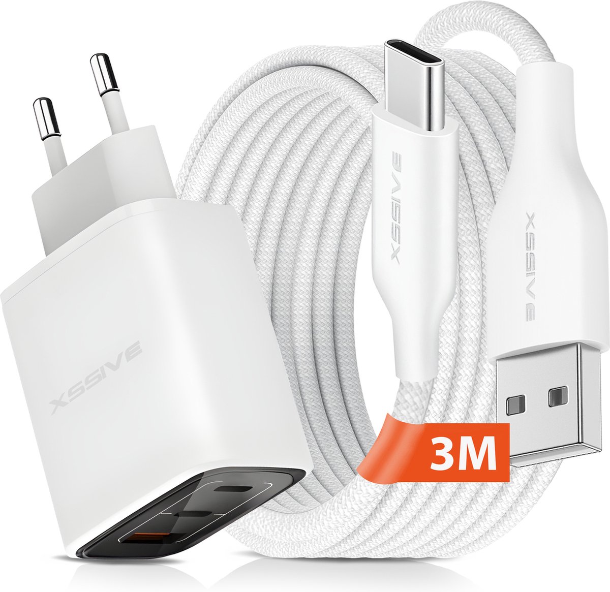 USB Lader 3 Poorten met USB-A naar USB-C Kabel - 3 Meter - Snellader - Fast en Quick Charge