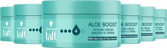 Groep van zes potten Taft Aloe Boost Styling Cream in turkoois op een witte achtergrond.
