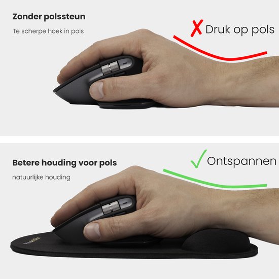 Vergelijking van polshouding. Boven: hand op muis zonder polssteun, met rode lijn die drukpunt aangeeft. Onder: hand op muis met polssteun, met groene lijn die ontspanning aangeeft. Tekst: Zonder polssteun. Te scherpe hoek in pols. Betere houding voor pols. Natuurlijke houding. Ontspannen.