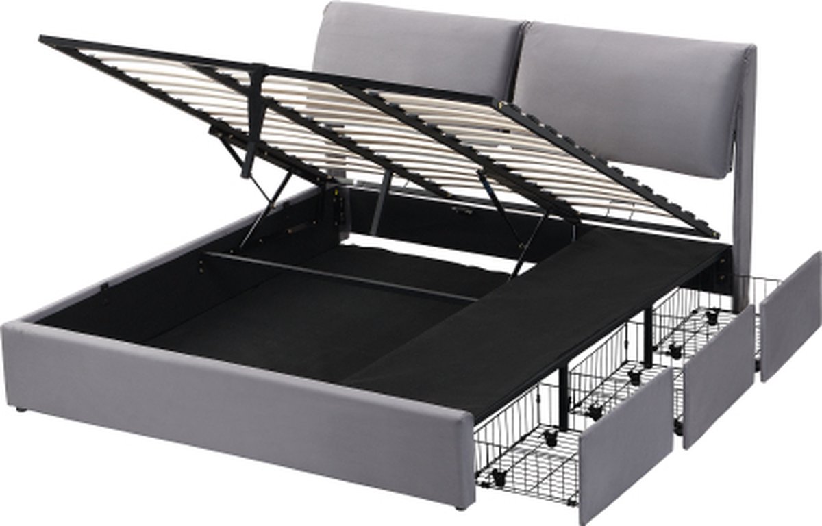 Hydraulisch Gestoffeerd Bed 180x200 Cm, Opbergbed Met Lattenbodem En Drie Laden Fluweel Grijs Zonder Matras Hydraulisch Gestoffeerd Bed 180x200 Cm, Opbergbed Met Lattenbodem En Drie Laden Fluweel Grijs Zonder Matras
