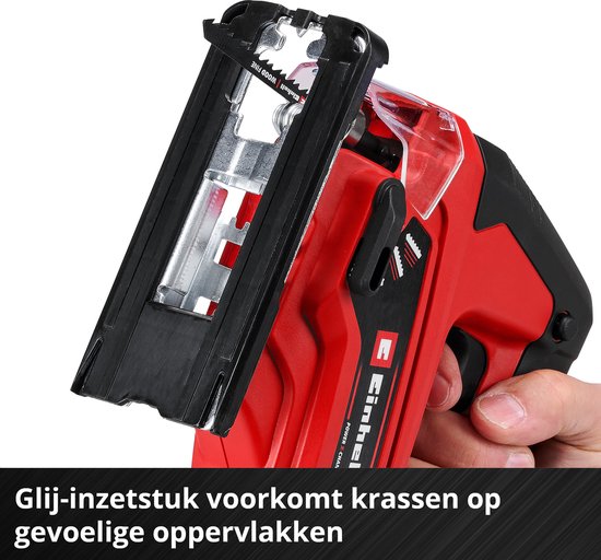 Detail van de Einhell decoupeerzaag met een kunststof glij-inzetstuk om krassen op gevoelige oppervlakken te voorkomen.