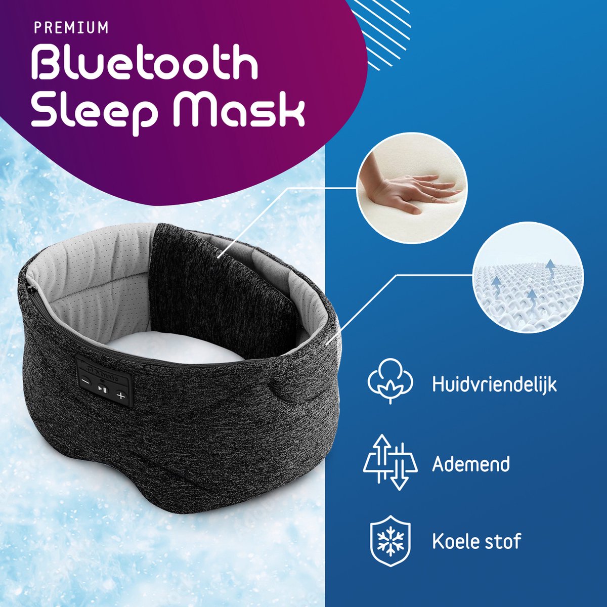 Premium Bluetooth Slaapmasker - 'White Noise' edition (limited) - 20 'ingebouwde' white noise geluiden (gebruik ook zonder Bluetooth/smartphone - 100% verduisterend - Ultraplatte 'spons speakers' (perfect voor zijslapers) - Koel en ademend materiaal — afbeelding 8