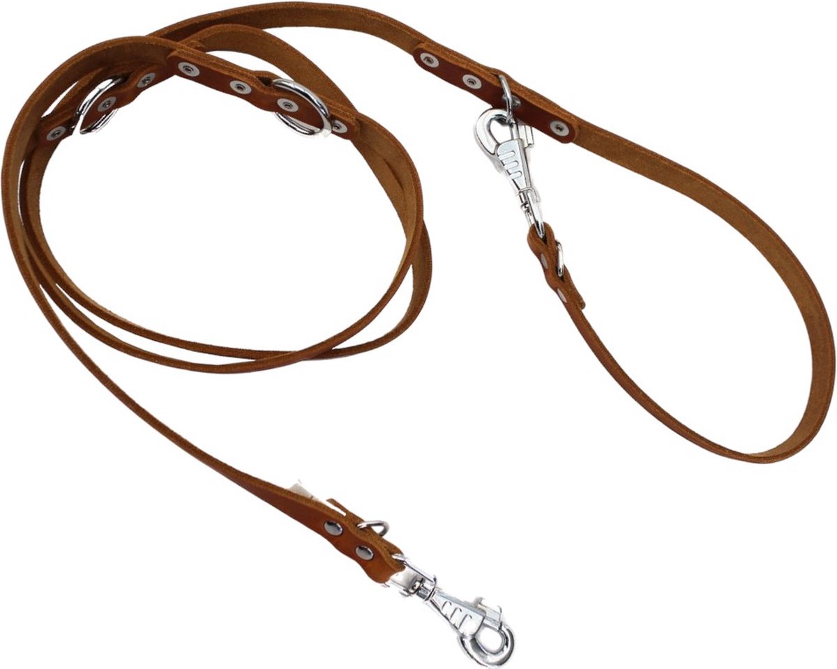 K9 World, verstelbare hondenriem, cognac bruin leer, verchroomd beslag