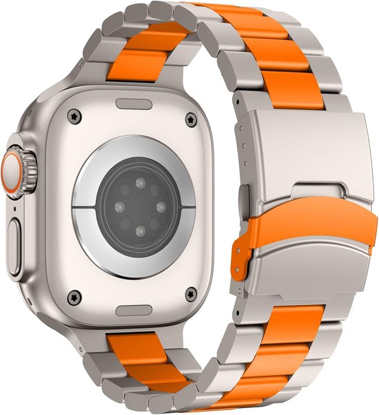 FFO2World Verstelbare Titanium Metalen Horlogebandje - Geschikt voor Apple Watch 46mm (Series 10/11), 45mm (Series 7/8/9), 44mm (Series 4/5/6, SE 1/2/3), 42mm (Series 1/2/3), 49mm (Ultra 1/2/3) - Titanen Bandje - Titanium/oranje