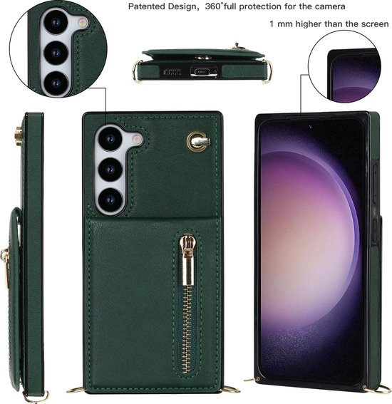 Étui de téléphone vert foncé avec fermeture éclair, porte-cartes et bandoulière. Montré sous différents angles.