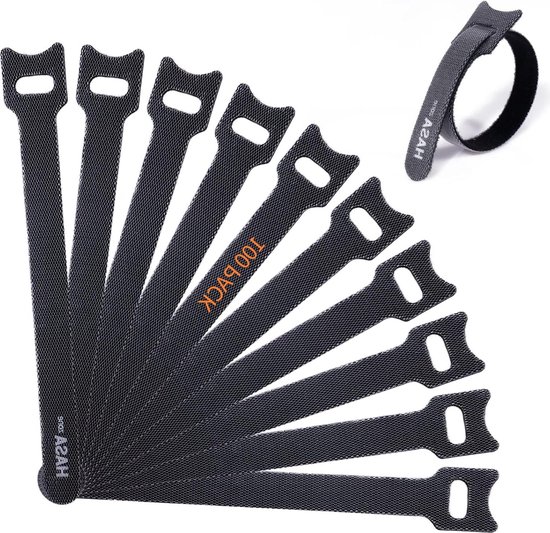 Hersluitbare 20 cm klittenband-kabelbinders zwart - 100 stuks