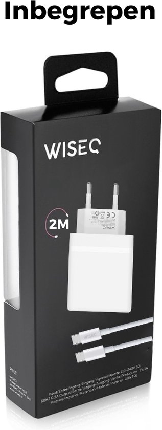 Zwarte verpakking van WiseQ oplader met een venster waar de witte oplader en twee witte USB-C kabels in zichtbaar zijn.