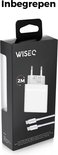 Zwarte verpakking van WiseQ oplader met een venster waar de witte oplader en twee witte USB-C kabels in zichtbaar zijn.