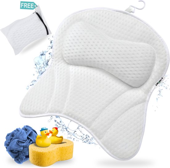 Sminty® Badkussen voor in Bad – Luxe Nekondersteuning met 6 Zuignappen – Anti-Slip & Waterdicht – Inclusief Waszakje – Memory Foam Comfort – Wit