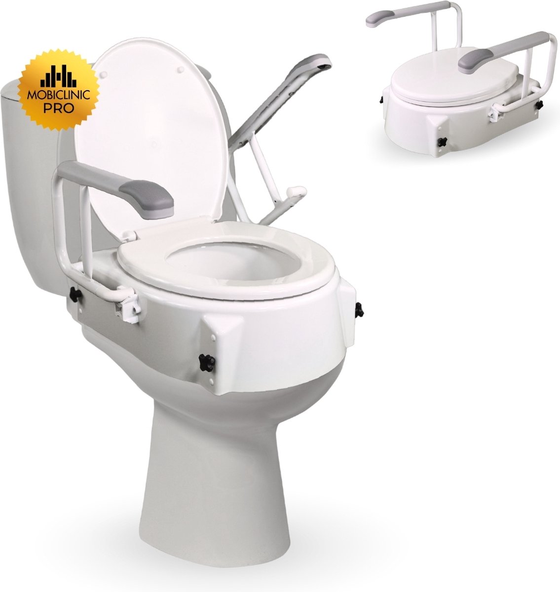 Mobiclinic Muralla - Toiletverhoger - Toiletlift - WC Verhoger - Verstelbaar in 3 hoogtes: 5 cm - 10 cm - 15cm - Zithoogte verstelbaar - Met deksel en armleuningen - Tot 100 kg - Met armsteunen - Wit
