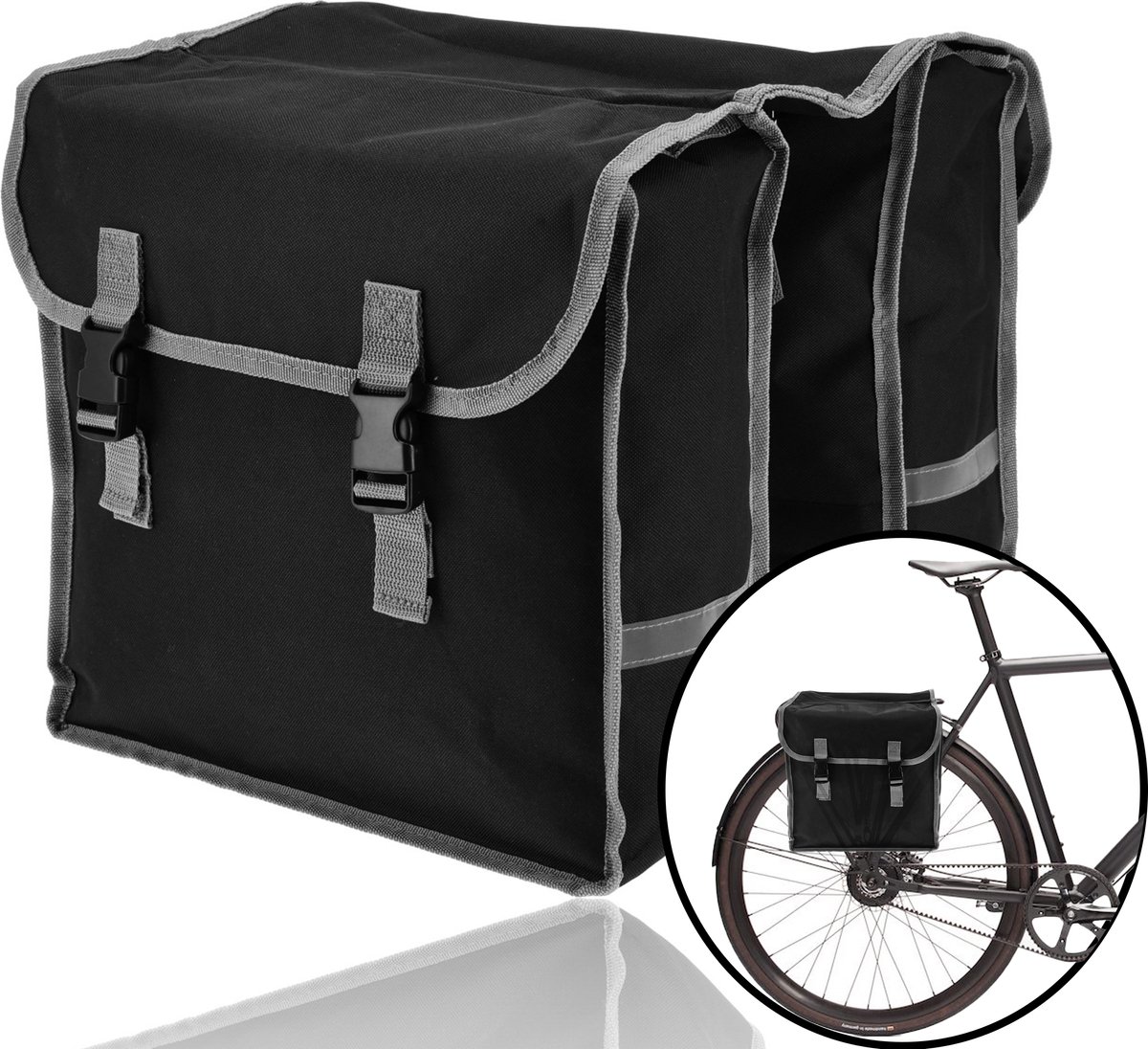 Fietstas 2-zijdig 2x 16L = 32 liter- Zwart - Dubbele Fietstas waterdicht met reflecterende strepen voor extra veiligheid - Fietstas- Zwart