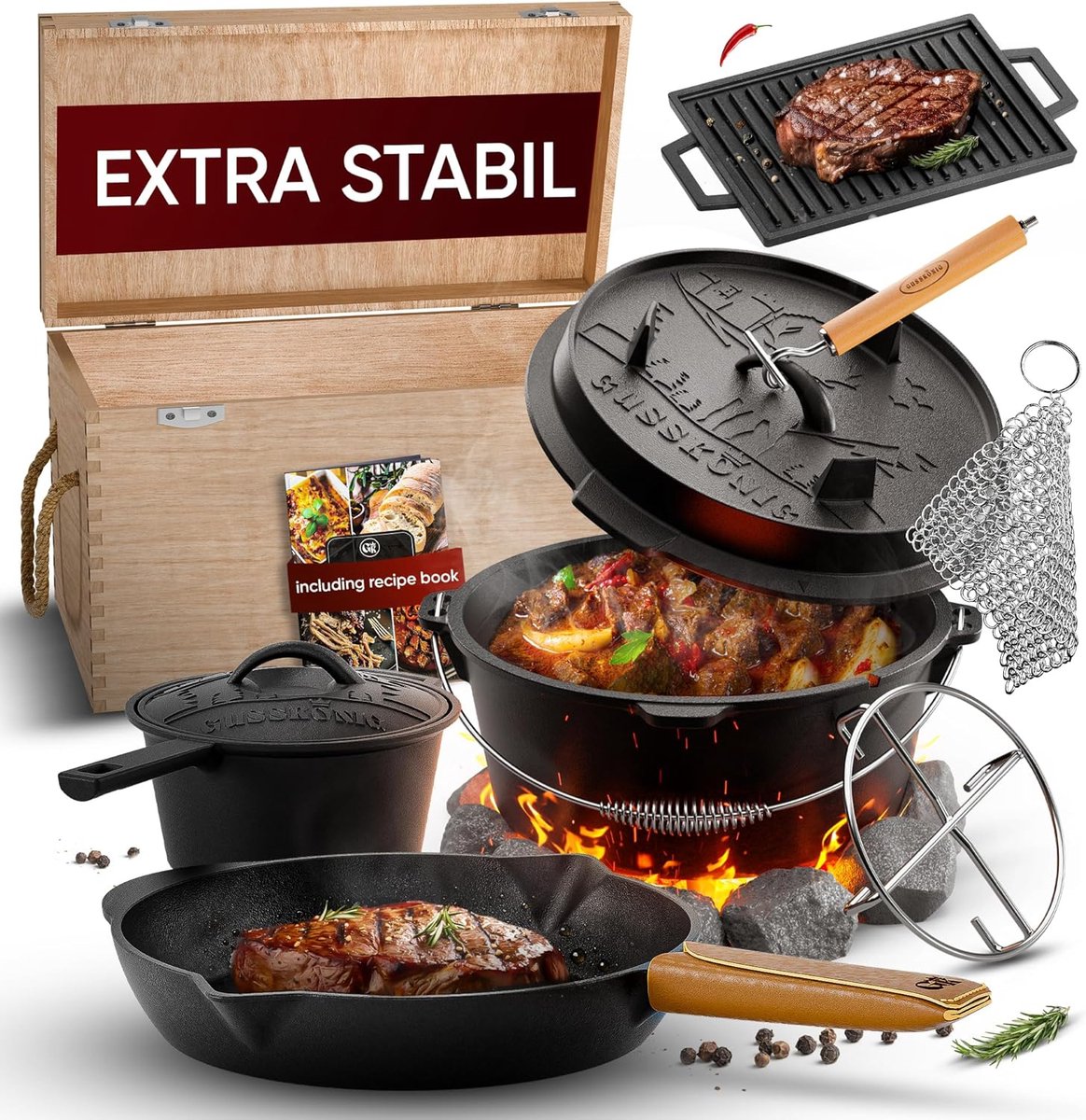 Dutch oven – gietijzeren pannenset 10-delig – barbecuepan 3,6 liter