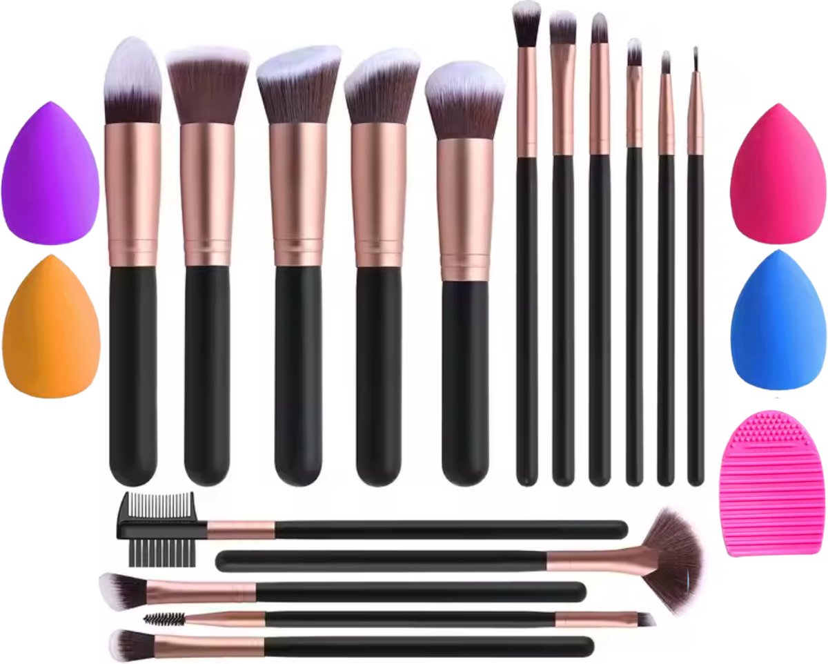 LumiWay Makeup set | 16 Stuks Kwastenset met 4 Beauty Blenders & Kwasten reiniger - Make-up Spons & Brush set