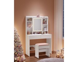Moderne Witte Make-up tafel met Instelbare LED Verlichting - Kaptafel met Spiegel, 2 Laden en Aanpasbare Planken - Stijlvolle Opslag voor Make-up Moderne Witte Make-up tafel met Instelbare LED Verlichting - Kaptafel met Spiegel, 2 Laden en Aanpasbare Planken - Stijlvolle Opslag voor Make-up