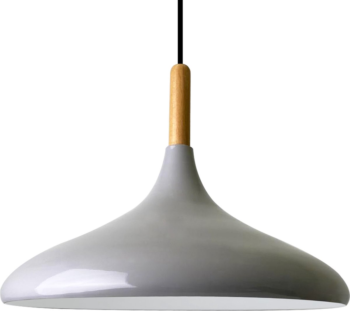 Bamyum Hanglamp Grijs van Metaal Abajur en Houten Onderdelen 35 cm, Hanglamp Eettafel, Keukenlamp Hangend E27, Hanglamp Zwart voor Kinderkamer, Slaapkamer, Woonkamer