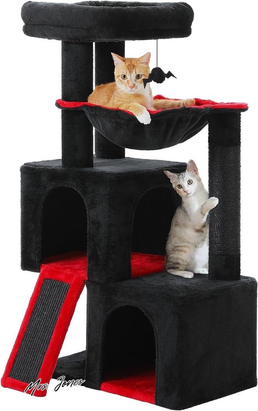 PETEPELA Krabpaal 104 cm kattenboom met 2 ruime holtes voor huiskatten, kattenhuis met comfortabele hangmat, gevoerde zitstang, krabpad en afneembare speelbal, zwart