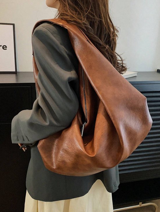 Mabecol Vintage handtas voor dames, schoudertas, grote shopper van kunstleer, hobo bag, tote bag met ritssluiting voor winkelen, school, uitstapjes, zwart, Mittelgroße