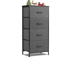 Commode kast met 4 stoffen lades, opbergkast met stevige stalen frame en houten blad, 95 cm hoog, waterproof, voor slaapkamer, woonkamer, kinderkamer, hal.-Grijs
