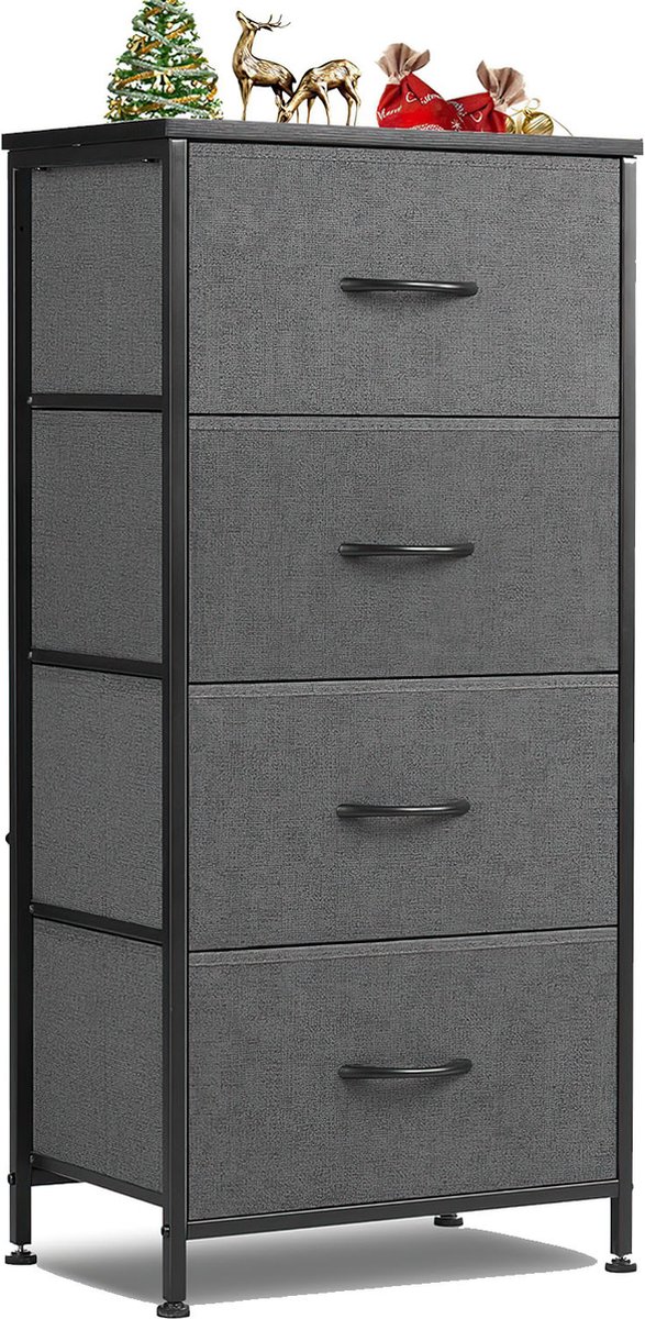 Commode kast met 4 stoffen lades, opbergkast met stevige stalen frame en houten blad, 95 cm hoog, waterproof, voor slaapkamer, woonkamer, kinderkamer, hal.-Grijs