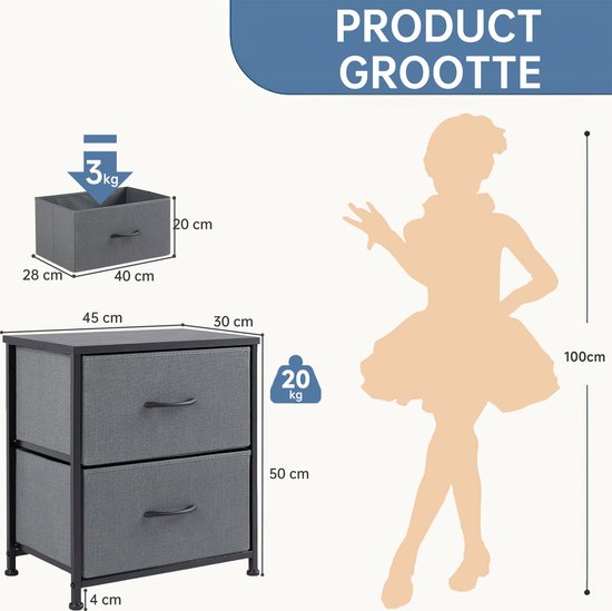 DUMOS Nachtkastje, 2-delige set, bijzettafel, stof, ladekast