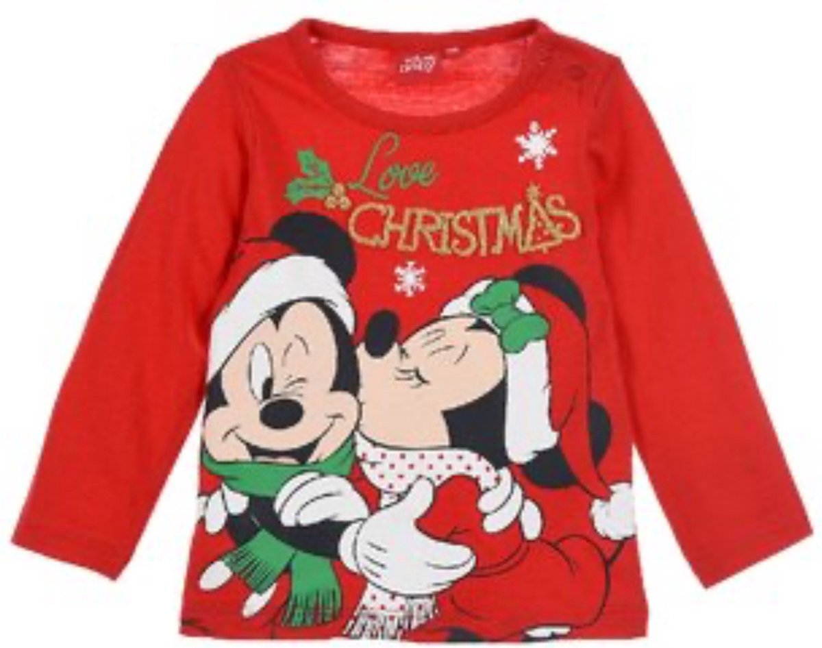 Disney Minnie en Mickey Mouse Shirt - Lange Mouw - Christmas - Kerstmis - Rood - Maat 68 (6 maanden - 67 cm lichaamslengte)