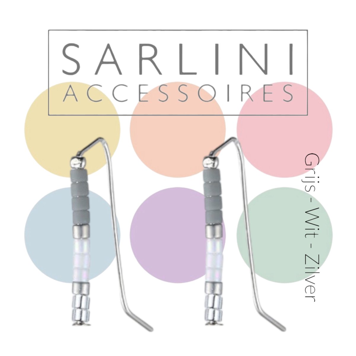 Fashion Jewelry - SARLINI accessoires - Hippe kleine rechte oorhangers en/of oorliners (earclimber) oorbellen - Grijs / Wit / Zilver kleine rasin beads - lengte1,5 cm - zilver tone rvs metaal - volwassenen jeugd kinderen - dames meisjes - casual