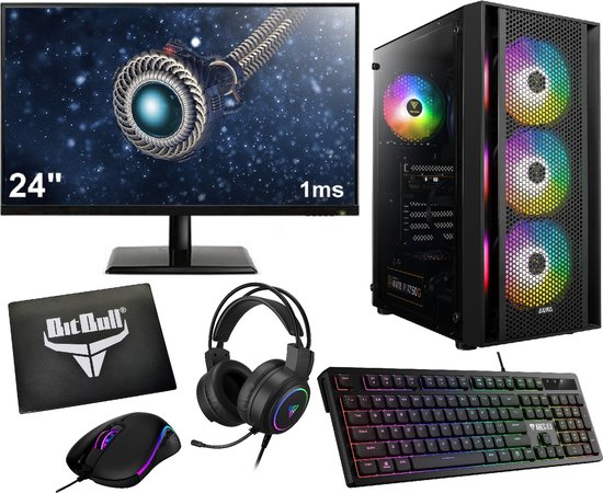 Complete Ryzen 5 Budget 6-Core Game PC Setup Inclusief Gaming Headset, 24" Monitor, Toetsenbord, Muis en Muismat - 500GB M.2 SSD - 16GB RAM - WiFi - Windows 11 Professional