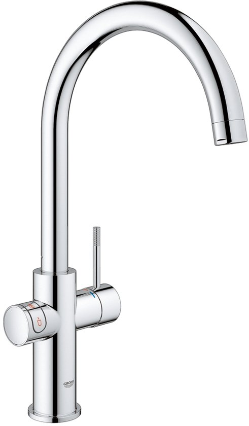 Chroom GROHE keukenkraan met gebogen uitloop en aparte hendels voor kokend water.