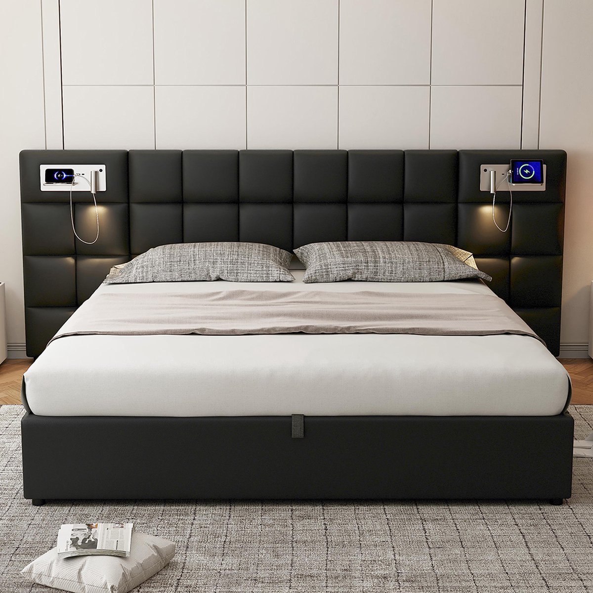 KOMHTOM Tweepersoonsbed 180x200 cm Hydraulisch bed met USB-poort draadloze oplader verlichte lamp Houten lattenbodem PU Zwart