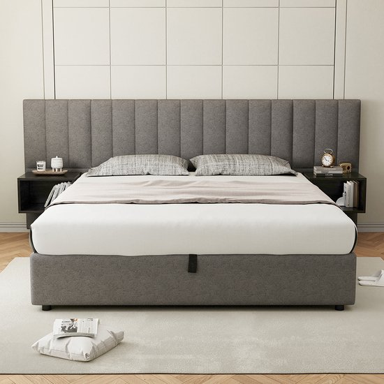 Générique Bedframe 160x200 cm, gestoffeerd bed met opbergruimte, tweepersoonsbed met hydrauliek en lattenbodem, voor tieners en volwassenen, beige
