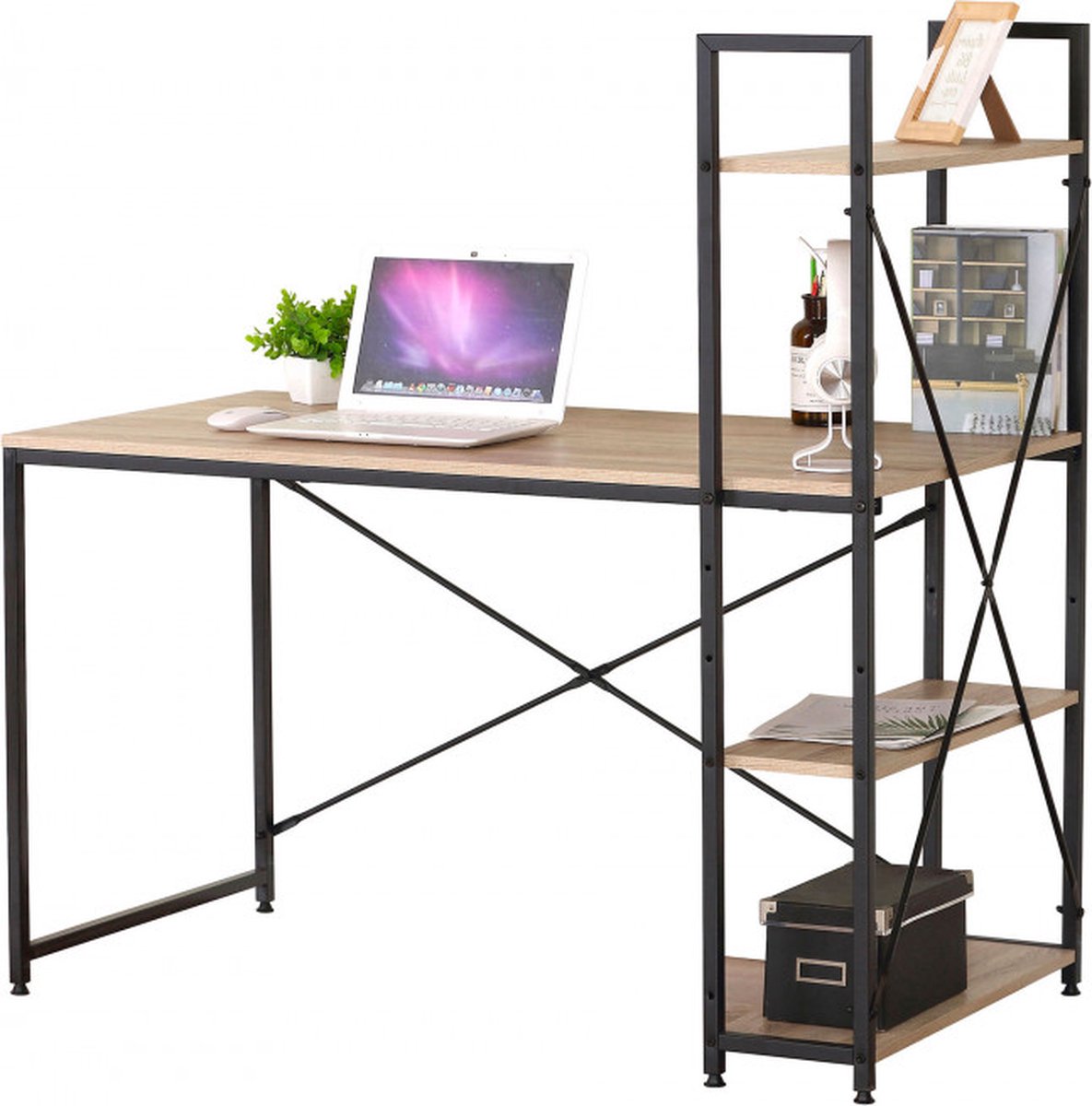 MIRA Home - Bureau - Laptop tafel - L-vormig - Hout/Metaal - Bruin/Zwart