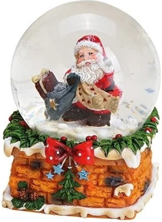 Boule à neige cheminée avec le Père Noël avec sac cadeau bleu 9cm de haut