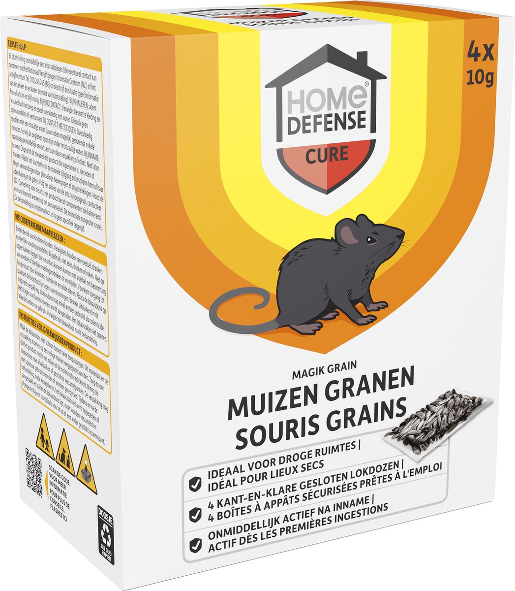 Home Defense - Muizenlokdoos Magik Grain 4 stuks - Voldoende voor 70 muizen per lokdoos - Werkt binnen 24 uur - Muizenval - Muizengif korrels, graan
