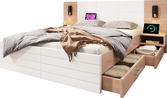 Lit Double Merax 160x200 cm avec 2 Tiroirs - Lampe de Lecture et Connexion USB - Cadre de Lit & Sommier à Lattes Comprenant 2 Tables de chevet - Chêne/ Wit (Sans Matras)